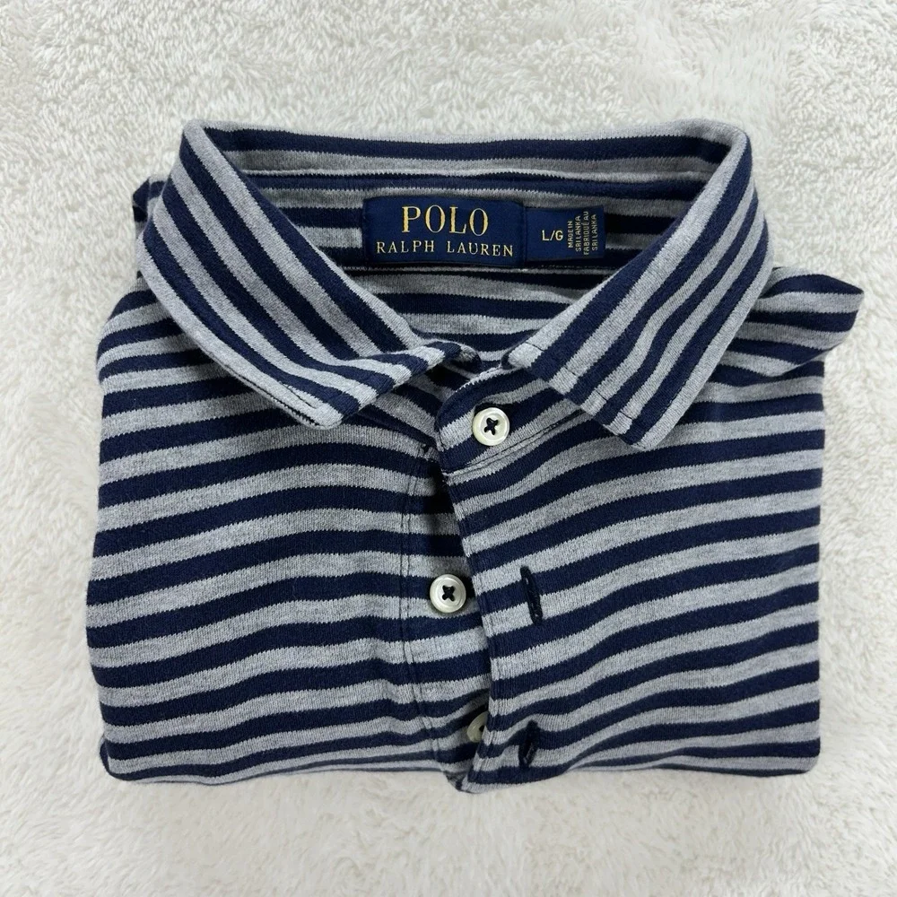 Polo Ralph Lauren Polo Shirt Men's L Gray/Blue Striped Stretchy Soft Check Meas.